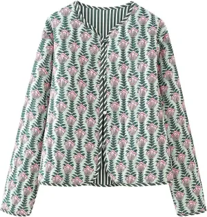 Women's Floral Winter Cropped Down Jacket Y2k Fairycore Aesthetics Puffer Coats Button Padded Quilted Cardigan