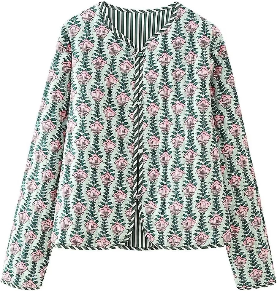 Women's Floral Winter Cropped Down Jacket Y2k Fairycore Aesthetics Puffer Coats Button Padded Quilted Cardigan