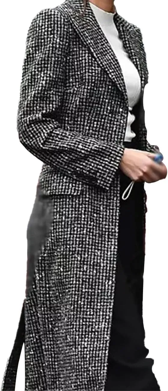 Women's Fool Me Once Wool Grey Checkered Long Trench Coat - Michelle Cosplay Long Jacket Women