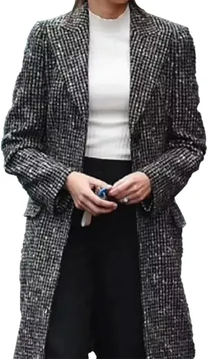 Women's Fool Me Once Wool Grey Checkered Long Trench Coat - Michelle Cosplay Long Jacket Women