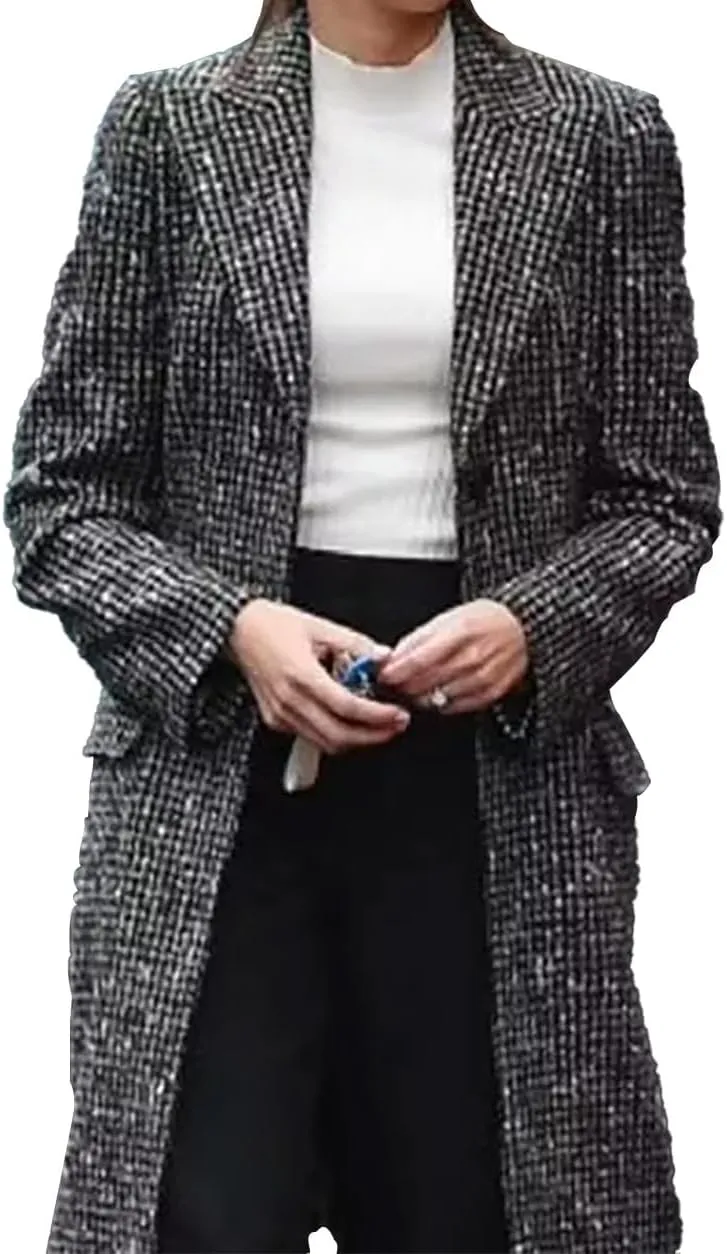 Women's Fool Me Once Wool Grey Checkered Long Trench Coat - Michelle Cosplay Long Jacket Women