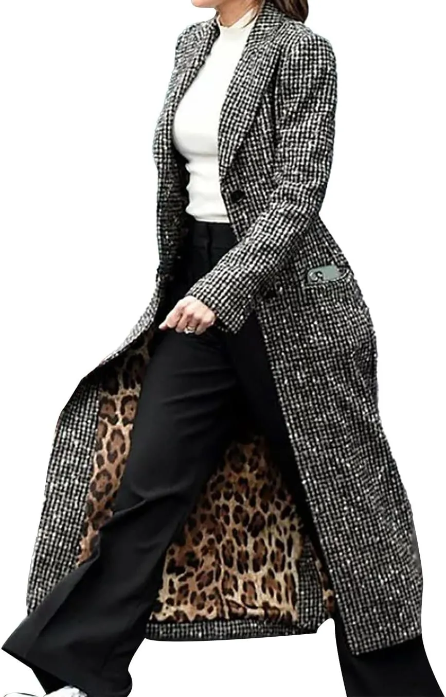 Women's Fool Me Once Wool Grey Checkered Long Trench Coat - Michelle Cosplay Long Jacket Women