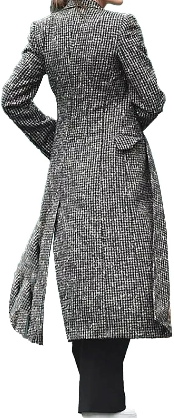 Women's Fool Me Once Wool Grey Checkered Long Trench Coat - Michelle Cosplay Long Jacket Women