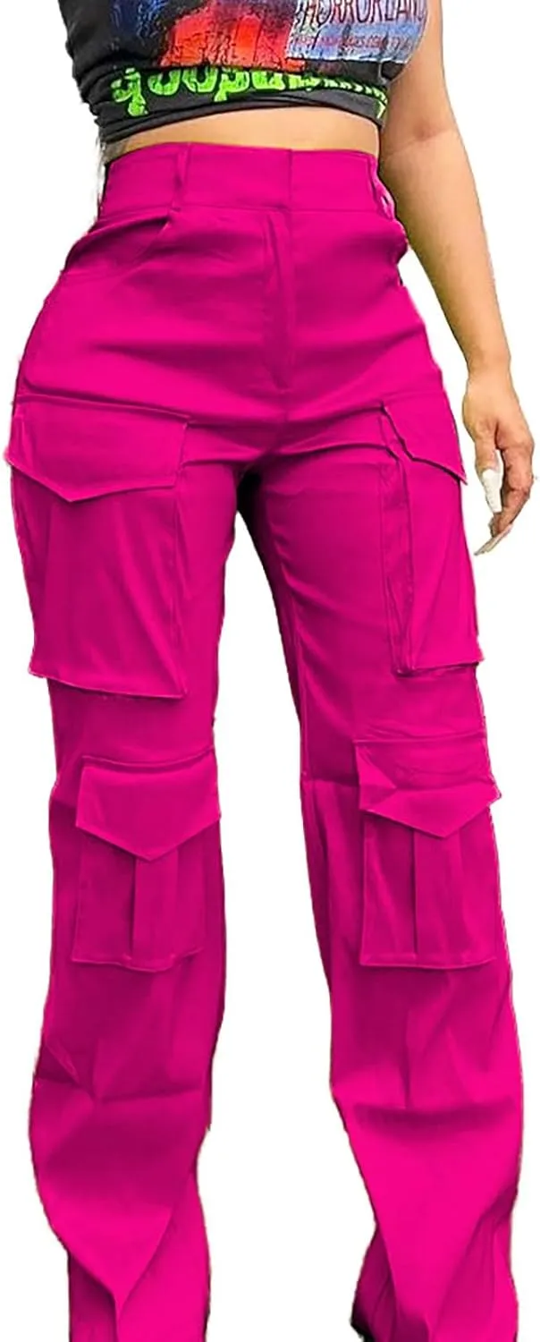 Women's High Waist Casual Cargo Pants Straight Leg Relaxed Fit Sweatpants for Sports Fashion Solid Baggy Jogger Pant