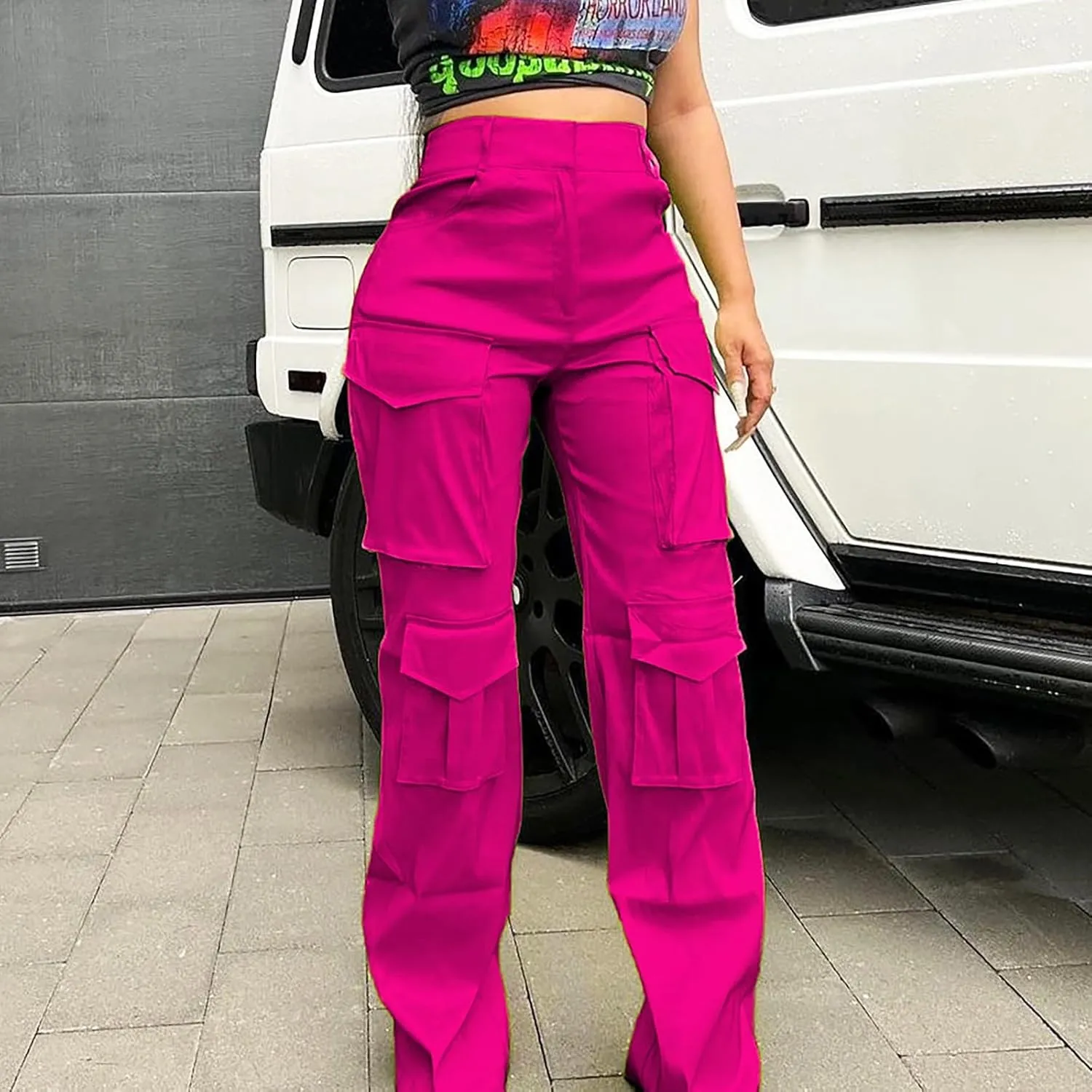 Women's High Waist Casual Cargo Pants Straight Leg Relaxed Fit Sweatpants for Sports Fashion Solid Baggy Jogger Pant
