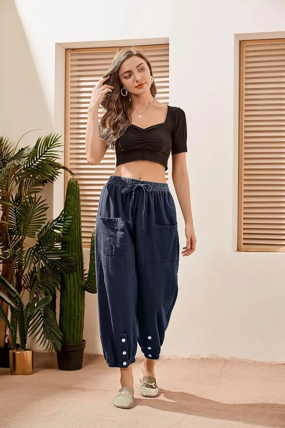 Women's High Waist Style Loose Pants Drawstring Capri Pants with Pockets Wide Leg Ankle Cropped Pants for Women