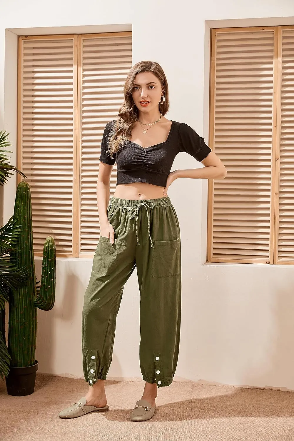 Women's High Waist Style Loose Pants Drawstring Capri Pants with Pockets Wide Leg Ankle Cropped Pants for Women