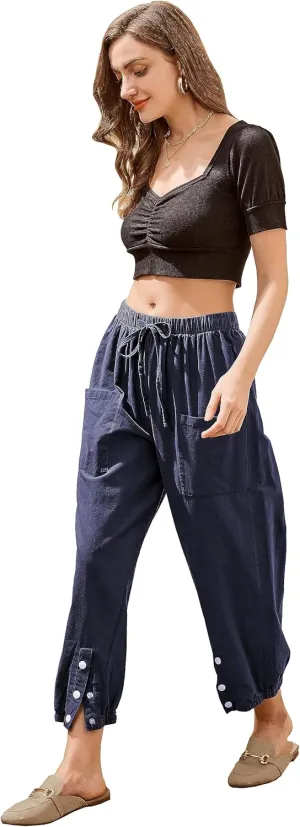 Women's High Waist Style Loose Pants Drawstring Capri Pants with Pockets Wide Leg Ankle Cropped Pants for Women