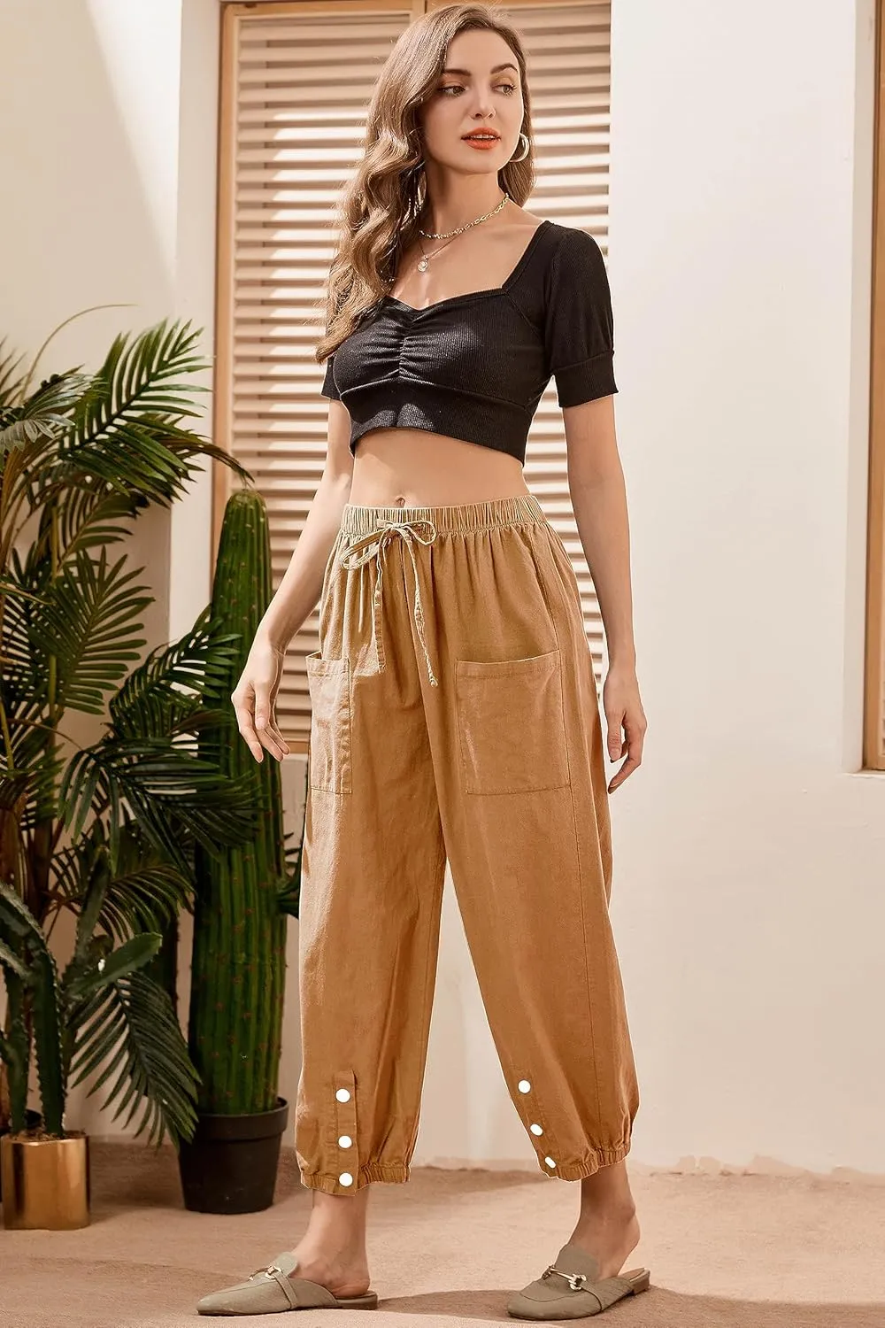 Women's High Waist Style Loose Pants Drawstring Capri Pants with Pockets Wide Leg Ankle Cropped Pants for Women