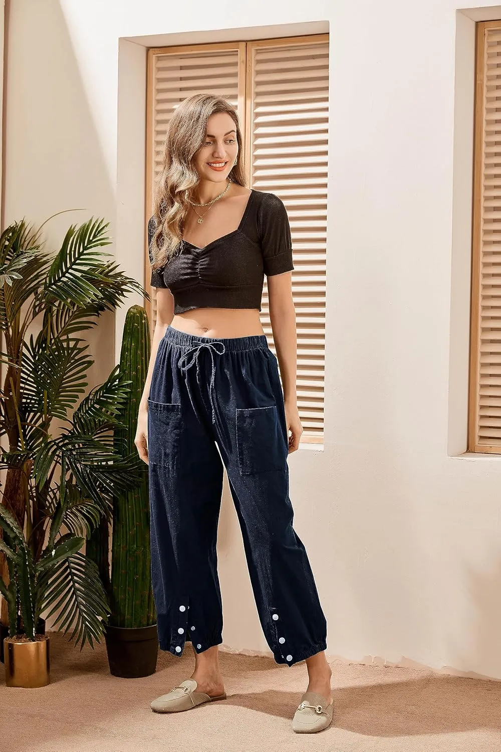 Women's High Waist Style Loose Pants Drawstring Capri Pants with Pockets Wide Leg Ankle Cropped Pants for Women
