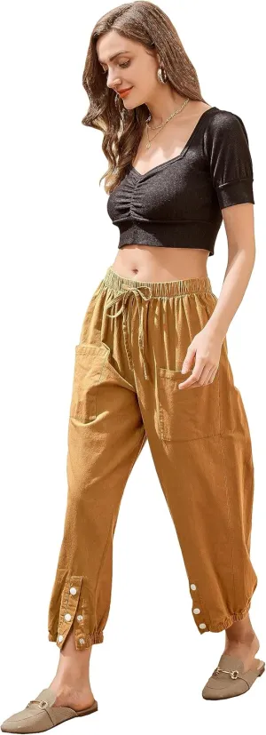 Women's High Waist Style Loose Pants Drawstring Capri Pants with Pockets Wide Leg Ankle Cropped Pants for Women