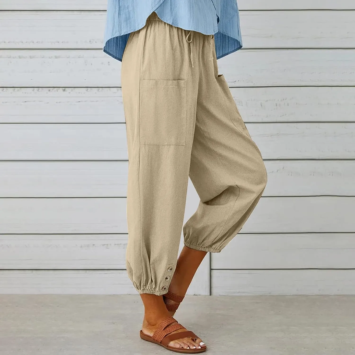 Women's High Waist Style Loose Pants Drawstring Capri Pants with Pockets Wide Leg Ankle Cropped Pants for Women
