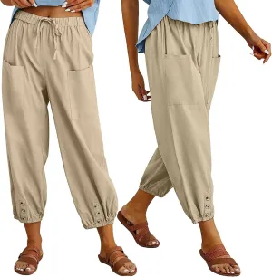 Women's High Waist Style Loose Pants Drawstring Capri Pants with Pockets Wide Leg Ankle Cropped Pants for Women