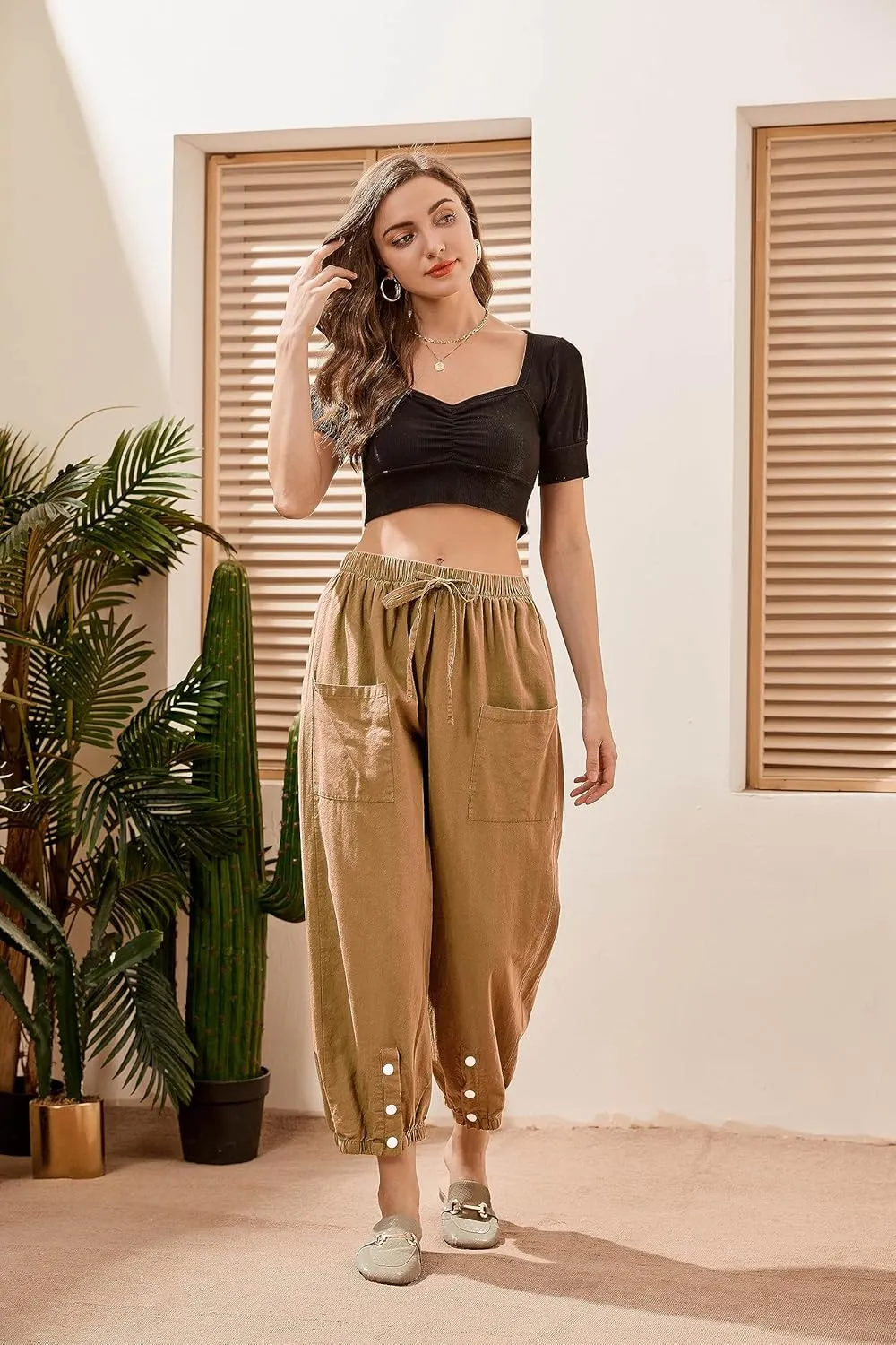 Women's High Waist Style Loose Pants Drawstring Capri Pants with Pockets Wide Leg Ankle Cropped Pants for Women