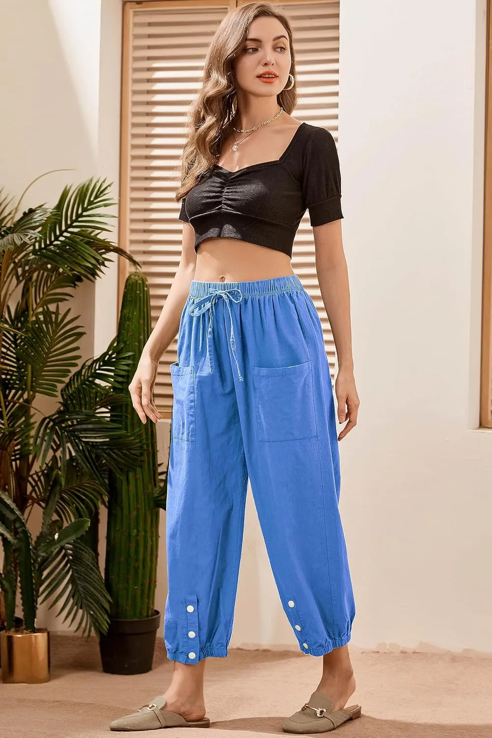Women's High Waist Style Loose Pants Drawstring Capri Pants with Pockets Wide Leg Ankle Cropped Pants for Women