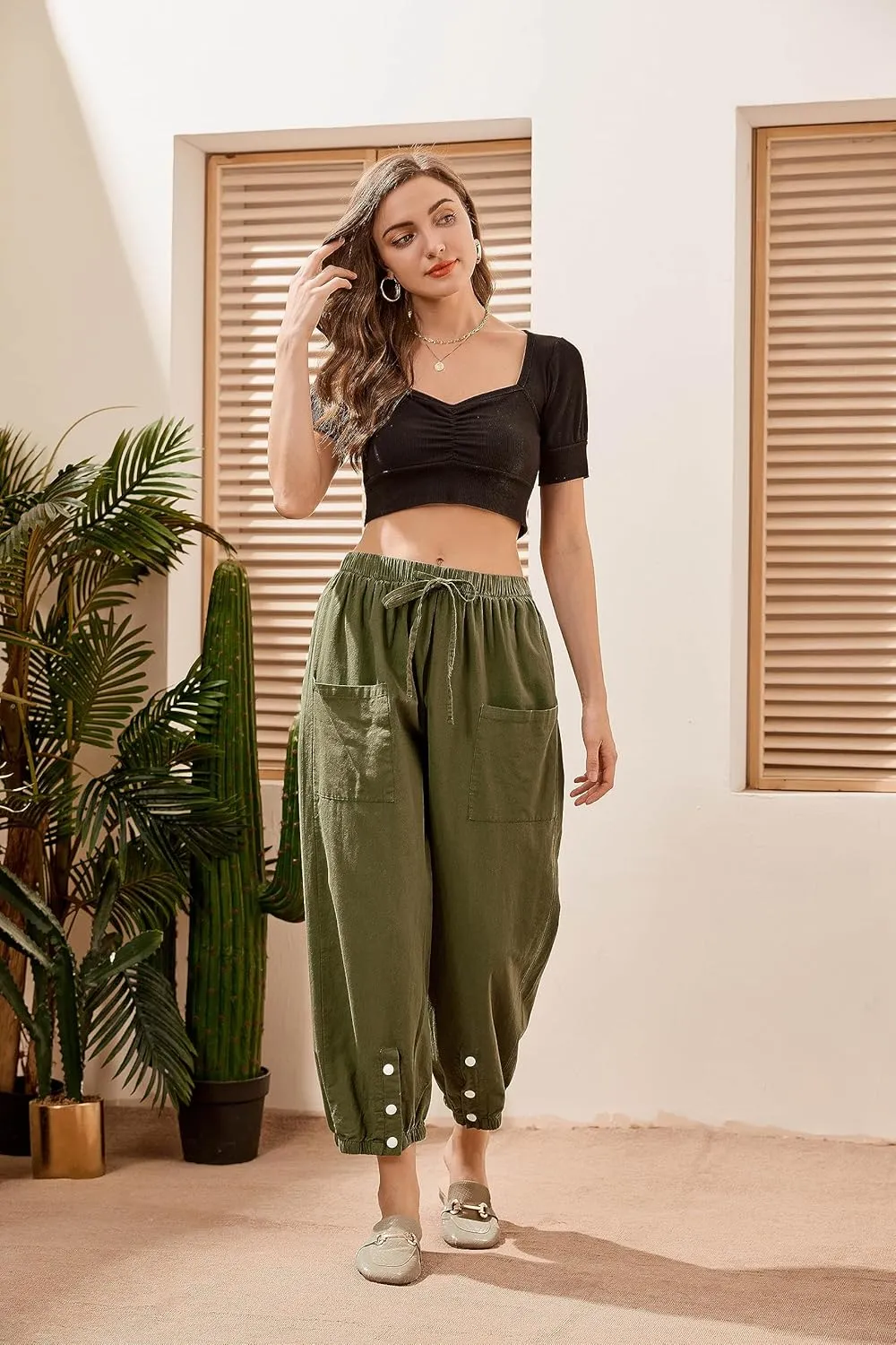 Women's High Waist Style Loose Pants Drawstring Capri Pants with Pockets Wide Leg Ankle Cropped Pants for Women