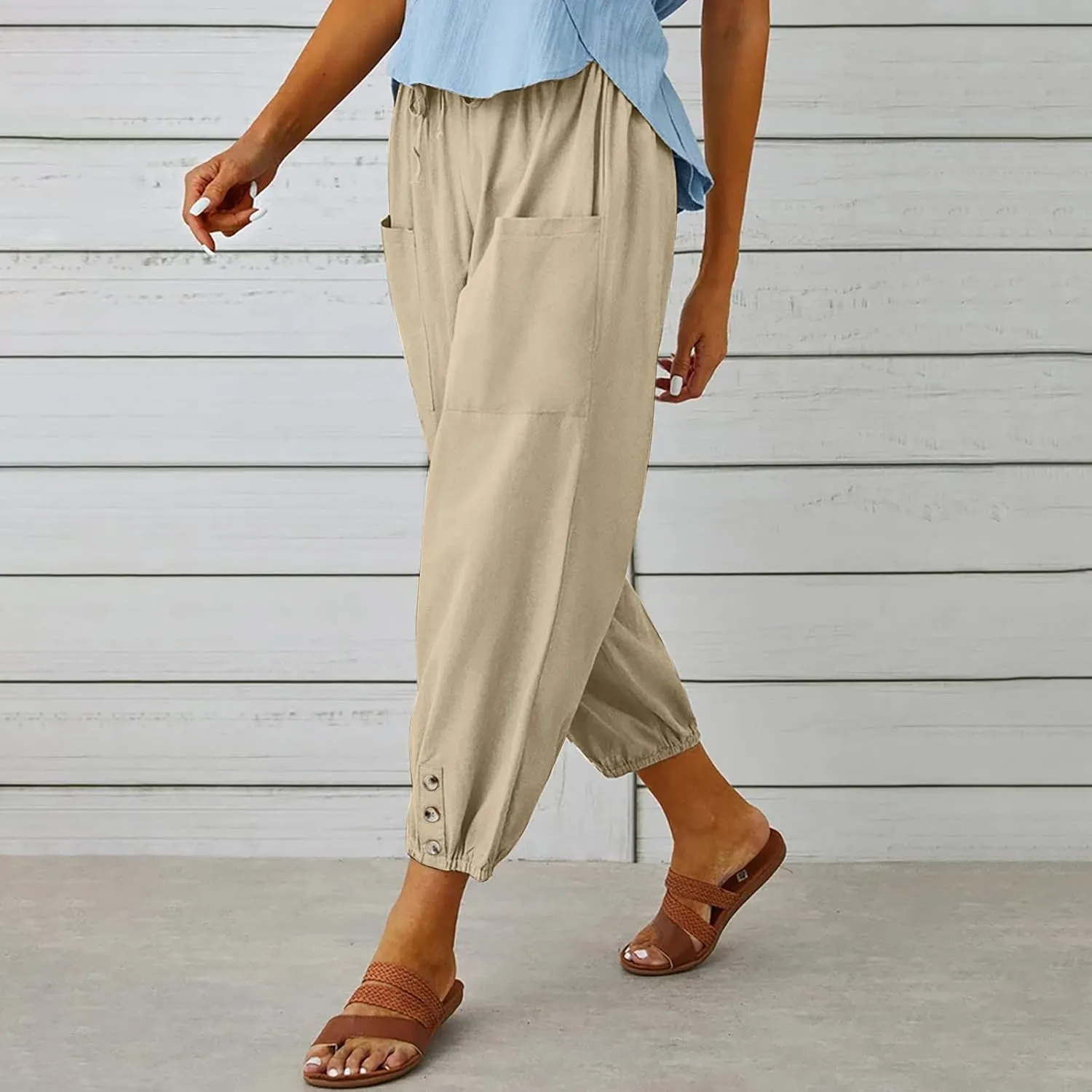 Women's High Waist Style Loose Pants Drawstring Capri Pants with Pockets Wide Leg Ankle Cropped Pants for Women