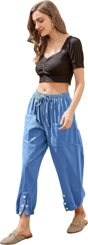 Women's High Waist Style Loose Pants Drawstring Capri Pants with Pockets Wide Leg Ankle Cropped Pants for Women