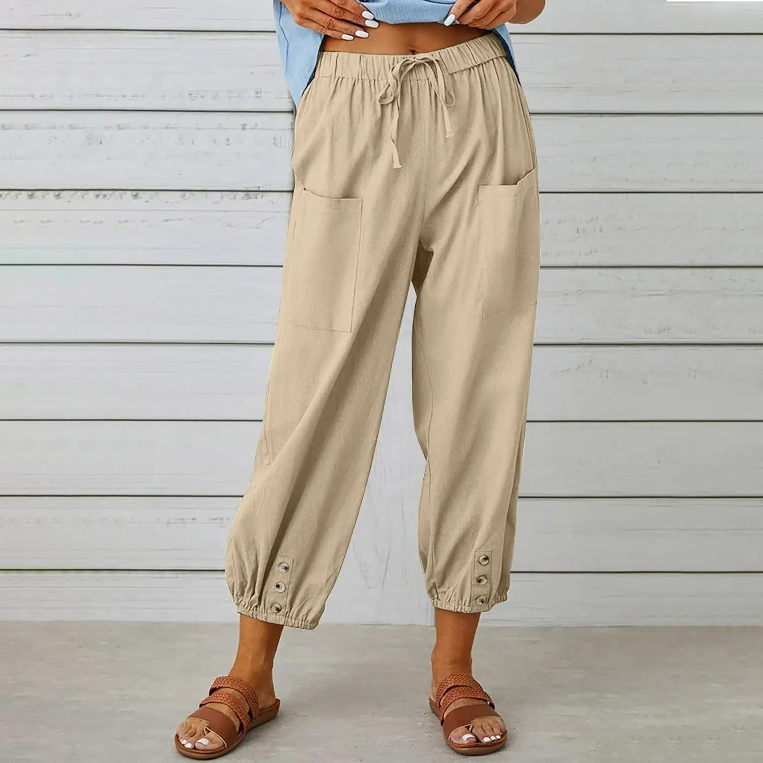 Women's High Waist Style Loose Pants Drawstring Capri Pants with Pockets Wide Leg Ankle Cropped Pants for Women