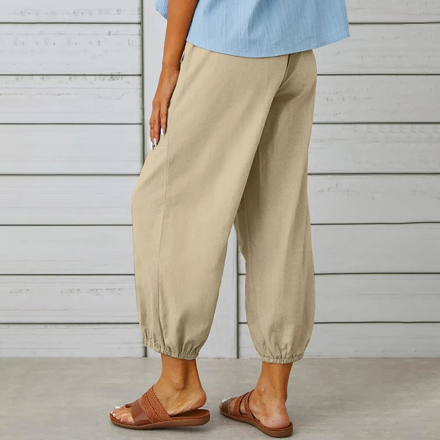 Women's High Waist Style Loose Pants Drawstring Capri Pants with Pockets Wide Leg Ankle Cropped Pants for Women