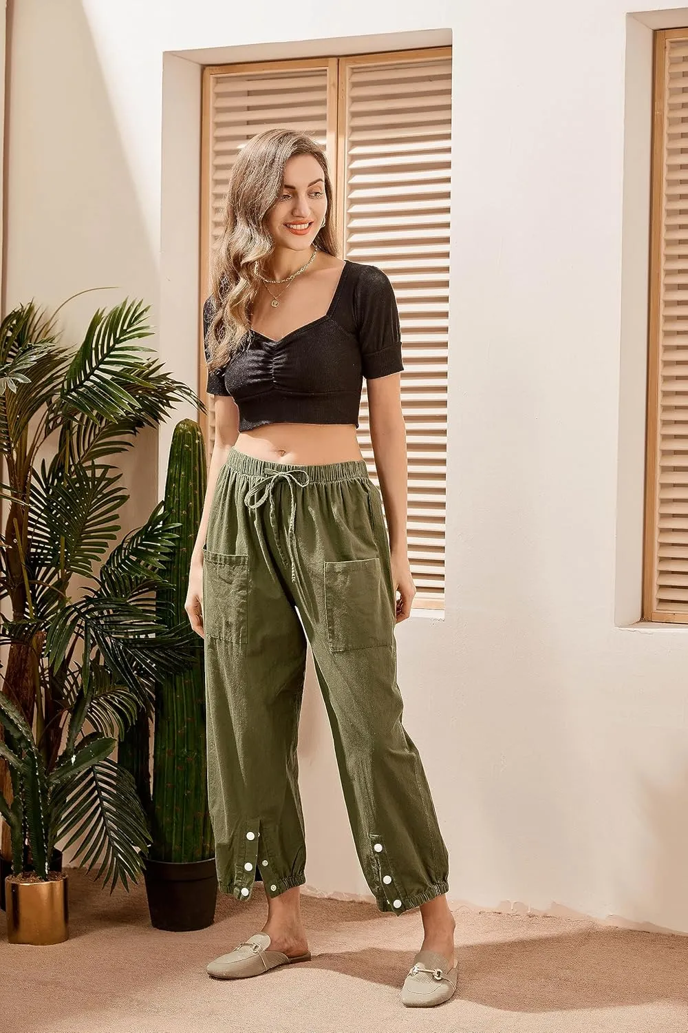 Women's High Waist Style Loose Pants Drawstring Capri Pants with Pockets Wide Leg Ankle Cropped Pants for Women