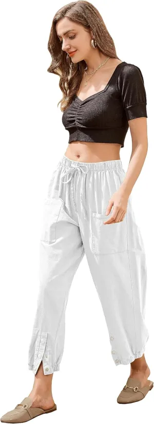 Women's High Waist Style Loose Pants Drawstring Capri Pants with Pockets Wide Leg Ankle Cropped Pants for Women