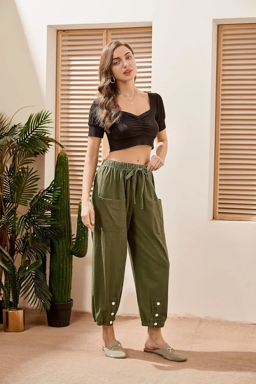 Women's High Waist Style Loose Pants Drawstring Capri Pants with Pockets Wide Leg Ankle Cropped Pants for Women