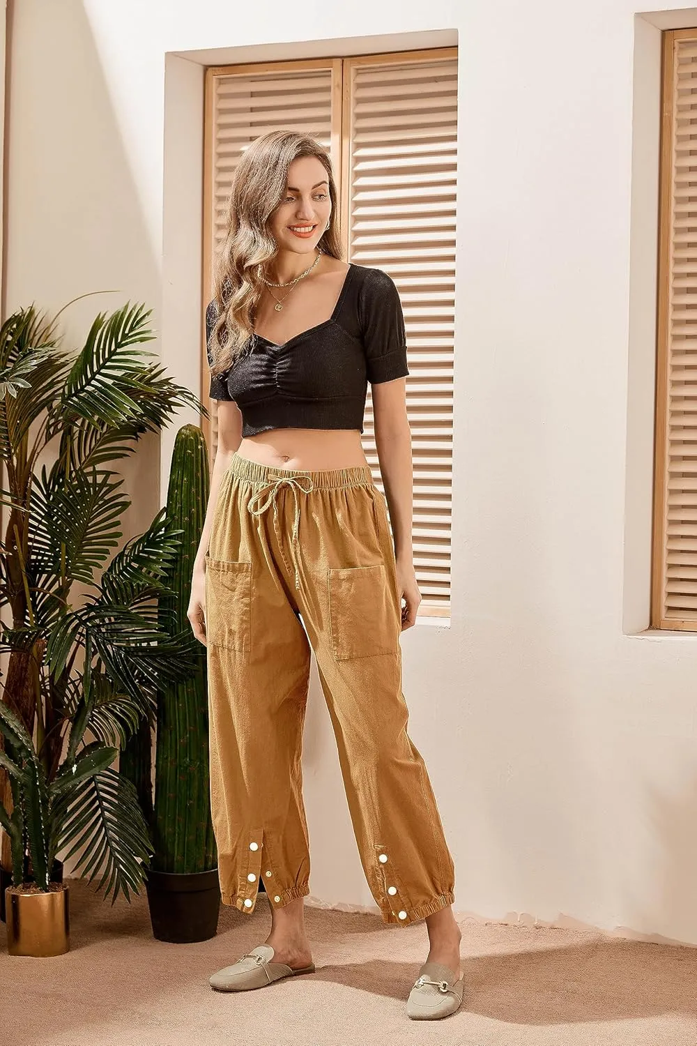 Women's High Waist Style Loose Pants Drawstring Capri Pants with Pockets Wide Leg Ankle Cropped Pants for Women