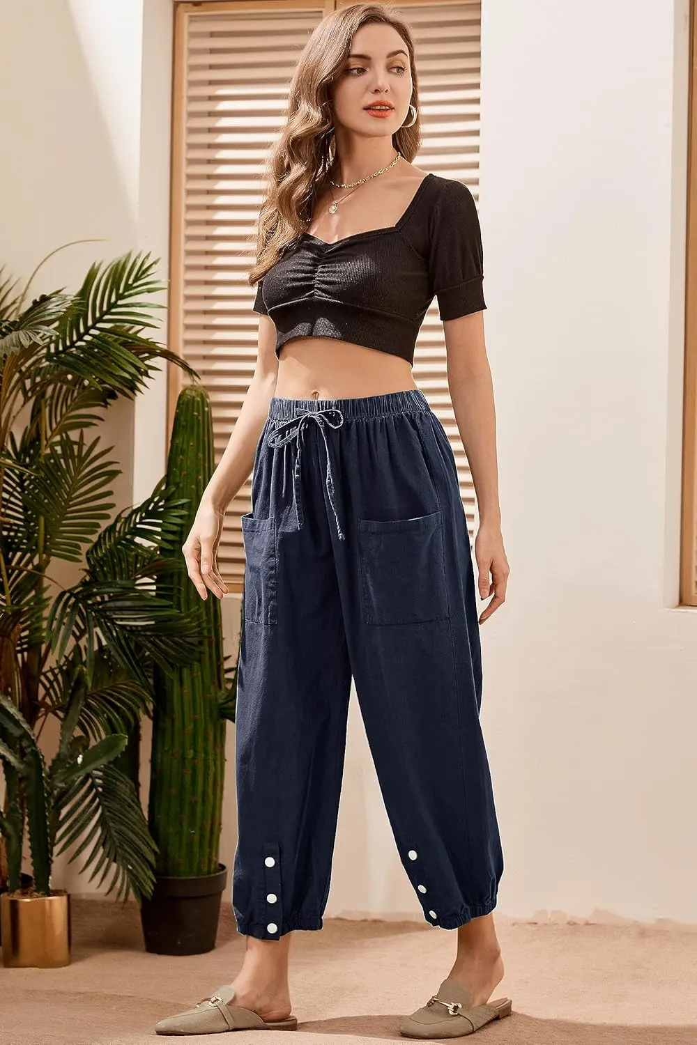 Women's High Waist Style Loose Pants Drawstring Capri Pants with Pockets Wide Leg Ankle Cropped Pants for Women