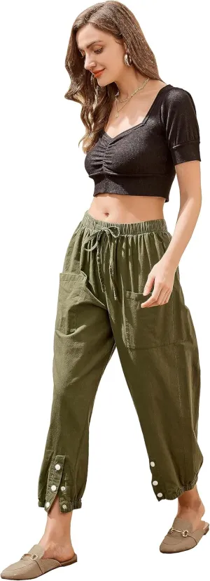 Women's High Waist Style Loose Pants Drawstring Capri Pants with Pockets Wide Leg Ankle Cropped Pants for Women