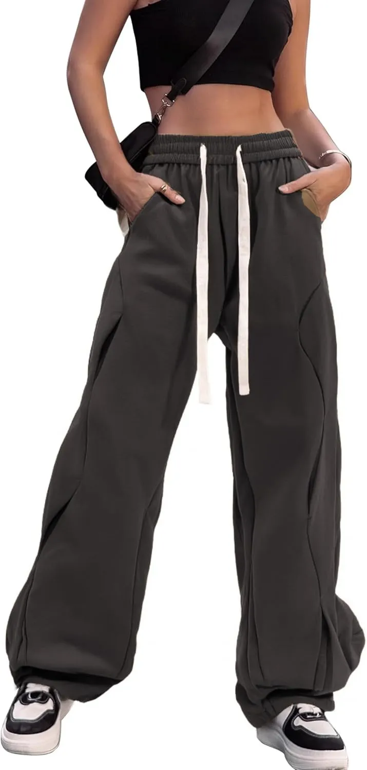 Womens Hiking Pants with Pockets Loose Fit Casual High Waisted Drawstring Wide Leg Lightweight Baggy Cargo Pants