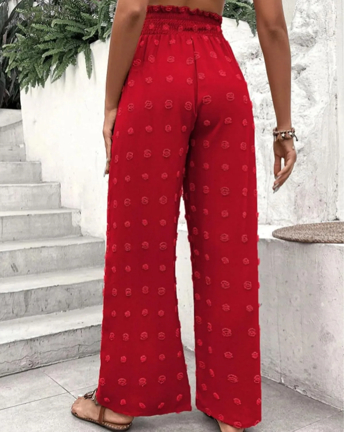 Women's Jacquard Wide Leg Pants with Pockets 2025 Spring Elegant High Waist Adjustable Knot Casual Loose Trousers