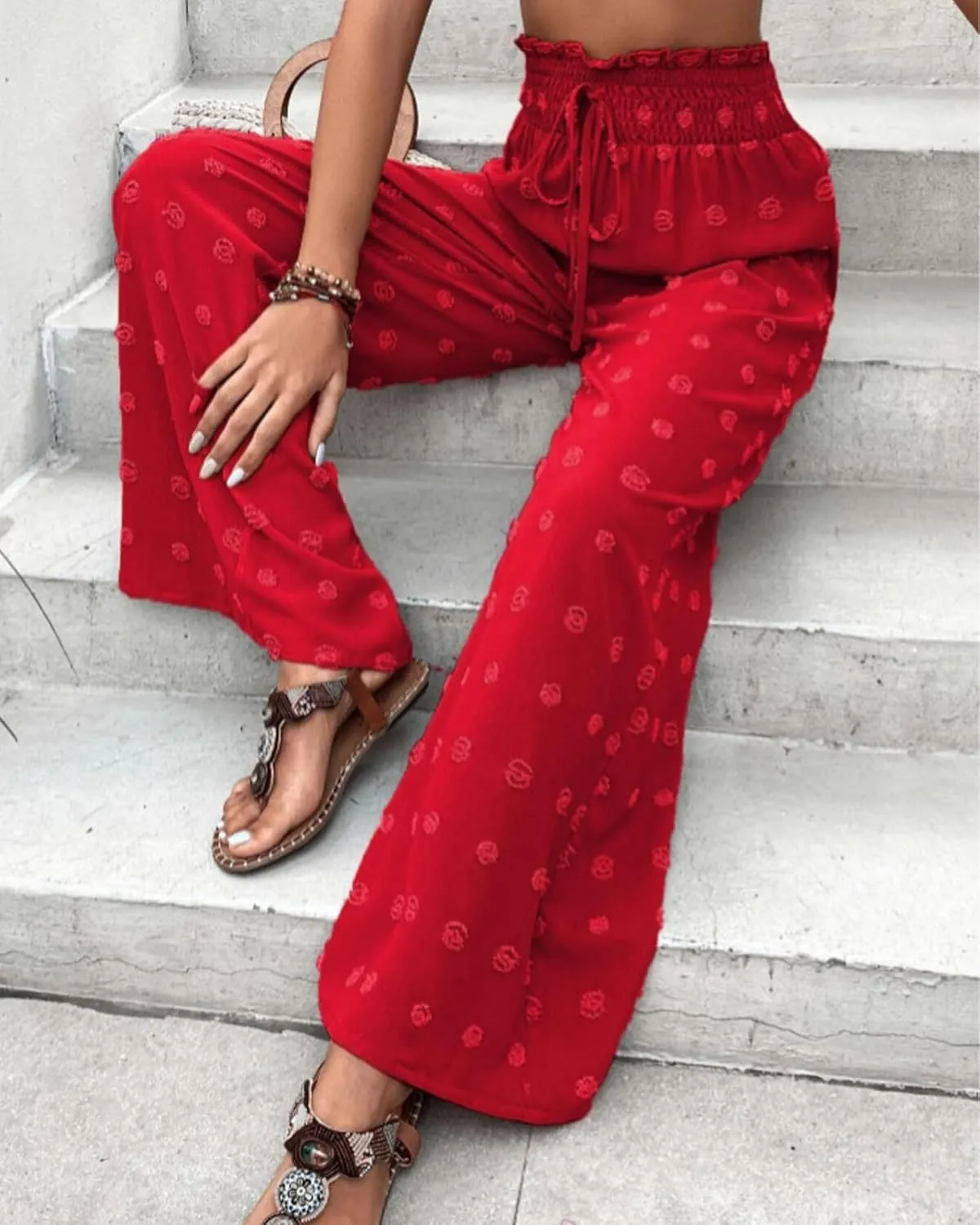 Women's Jacquard Wide Leg Pants with Pockets 2025 Spring Elegant High Waist Adjustable Knot Casual Loose Trousers