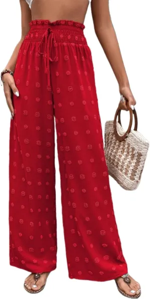 Women's Jacquard Wide Leg Pants with Pockets 2025 Spring Elegant High Waist Adjustable Knot Casual Loose Trousers