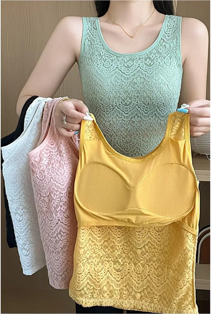 Womens Lace Tank Tops Camisole Built in Bra Padded Bra Vest Sleeveless Tank Tops for Women Girls