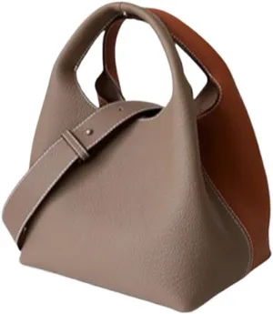 Women's Leather Commuting Bucket Bag Color-blocking Handbag Cowhide Basket Shoulder Crossbody Bag Top Handle Versatile