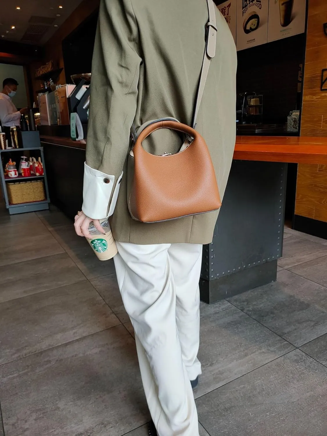 Women's Leather Commuting Bucket Bag Color-blocking Handbag Cowhide Basket Shoulder Crossbody Bag Top Handle Versatile