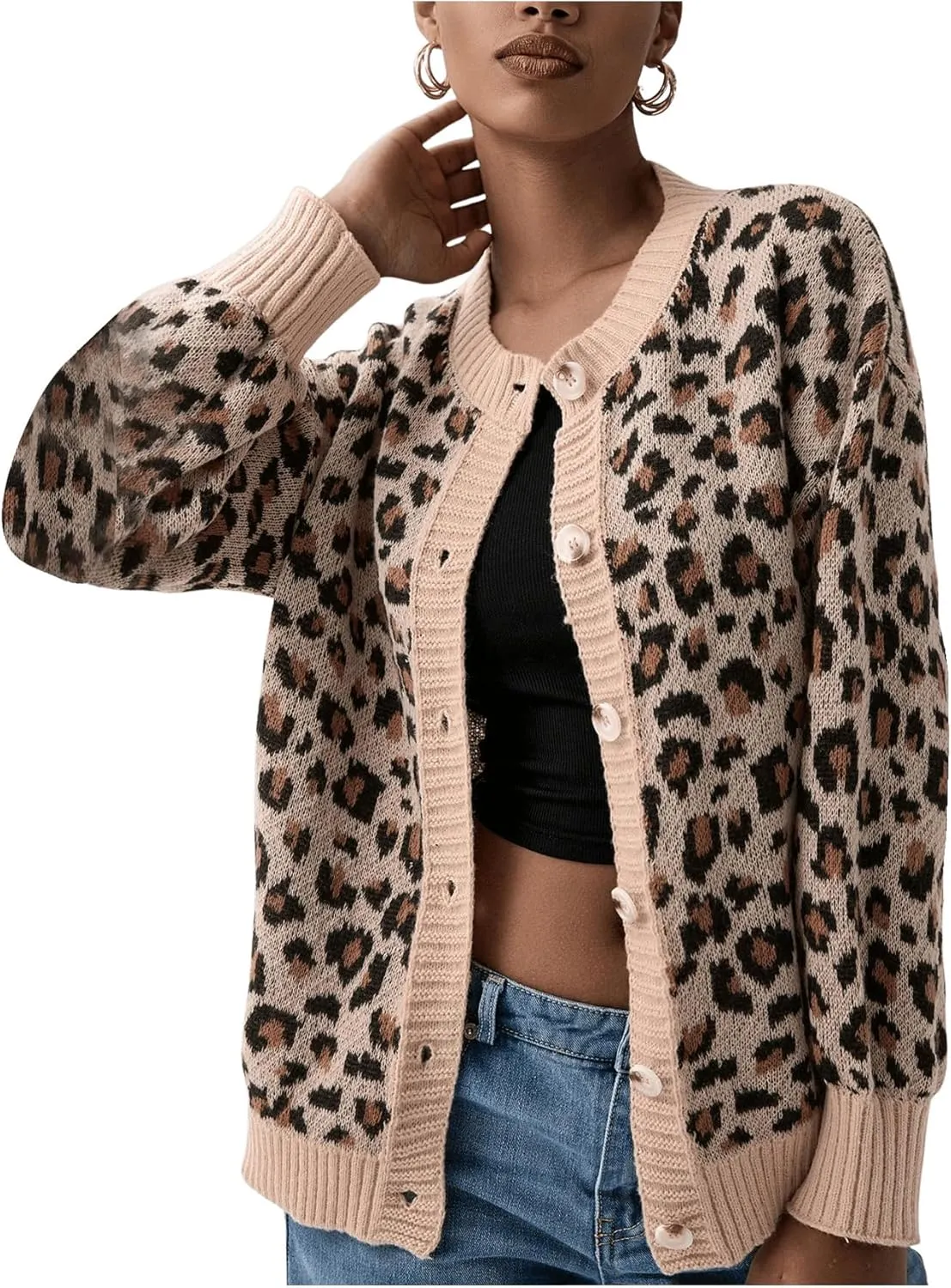 Women's Leopard Print Cardigan Button Front Cardigan Sweaters Crew Neck Drop Shoulder Long Sleeve Knit Tops