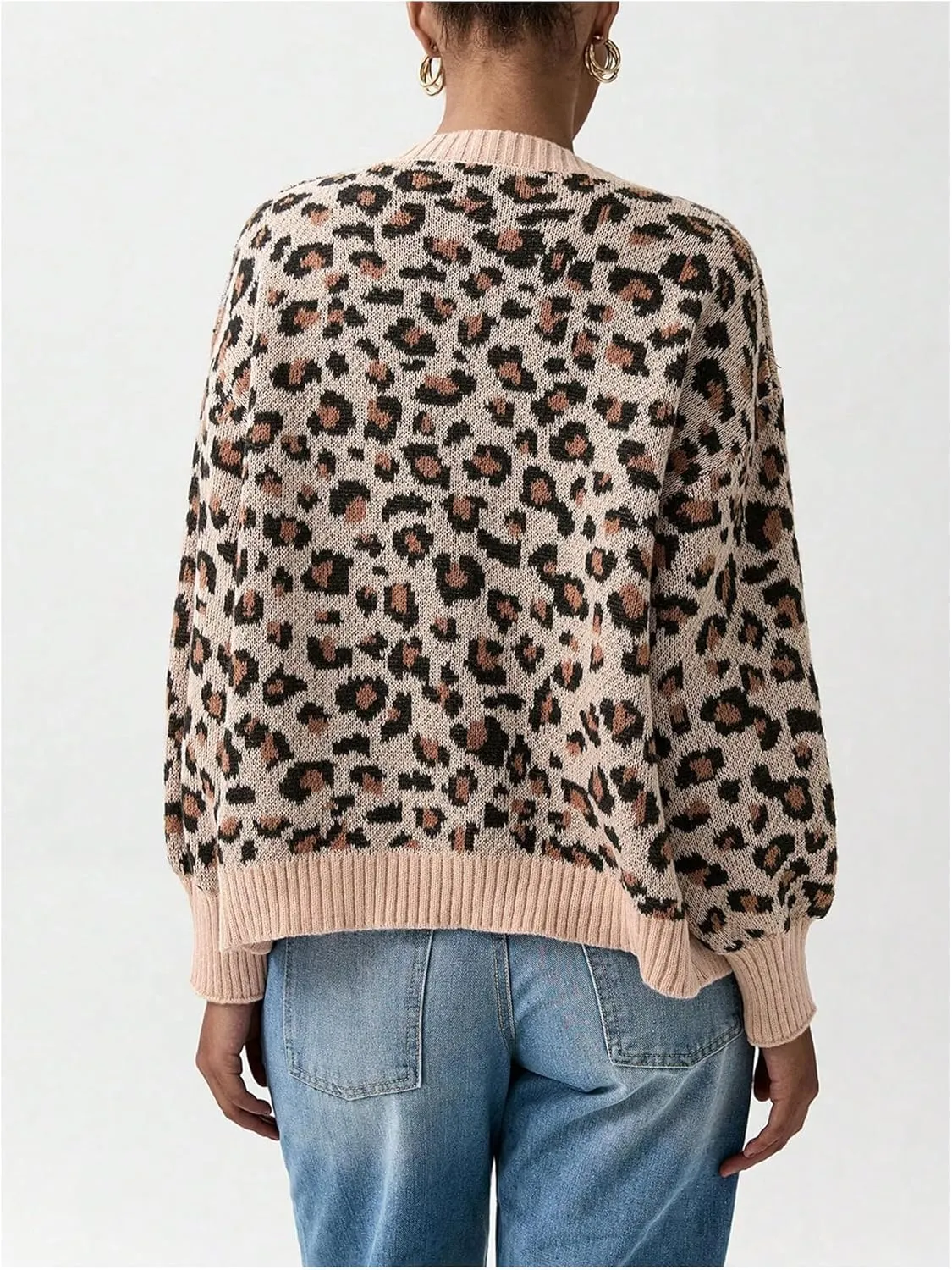 Women's Leopard Print Cardigan Button Front Cardigan Sweaters Crew Neck Drop Shoulder Long Sleeve Knit Tops