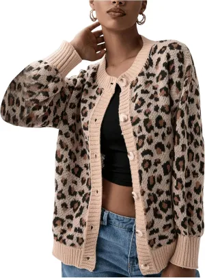 Women's Leopard Print Cardigan Button Front Cardigan Sweaters Crew Neck Drop Shoulder Long Sleeve Knit Tops