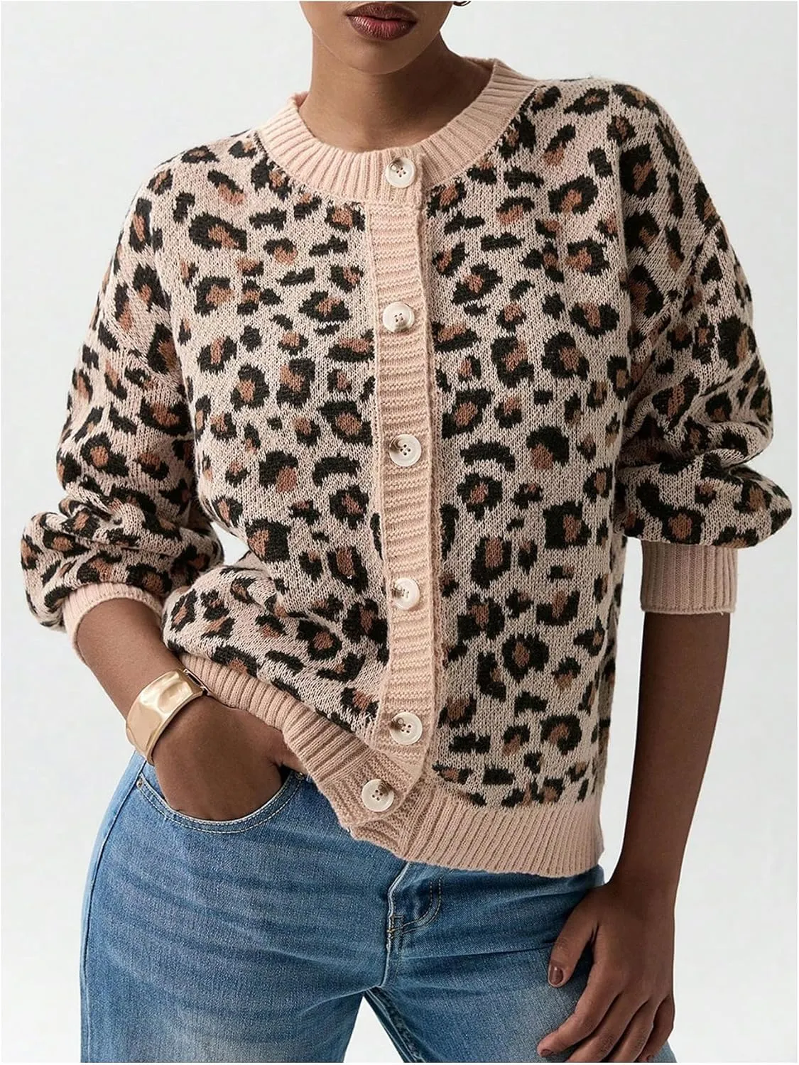 Women's Leopard Print Cardigan Button Front Cardigan Sweaters Crew Neck Drop Shoulder Long Sleeve Knit Tops