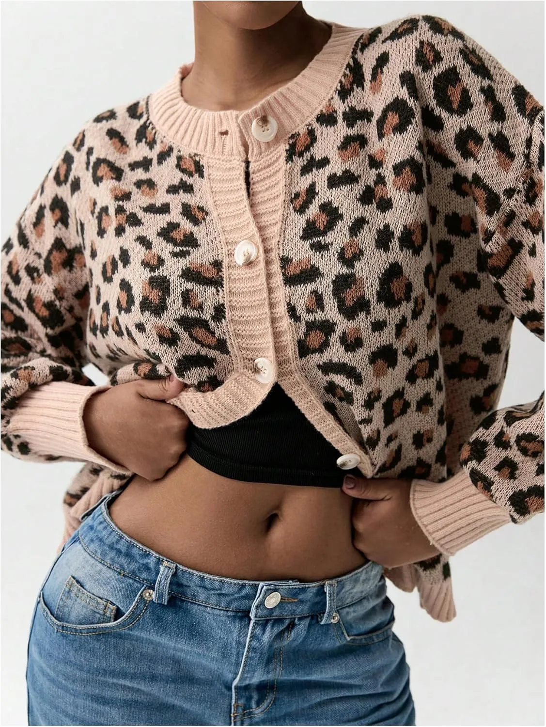 Women's Leopard Print Cardigan Button Front Cardigan Sweaters Crew Neck Drop Shoulder Long Sleeve Knit Tops