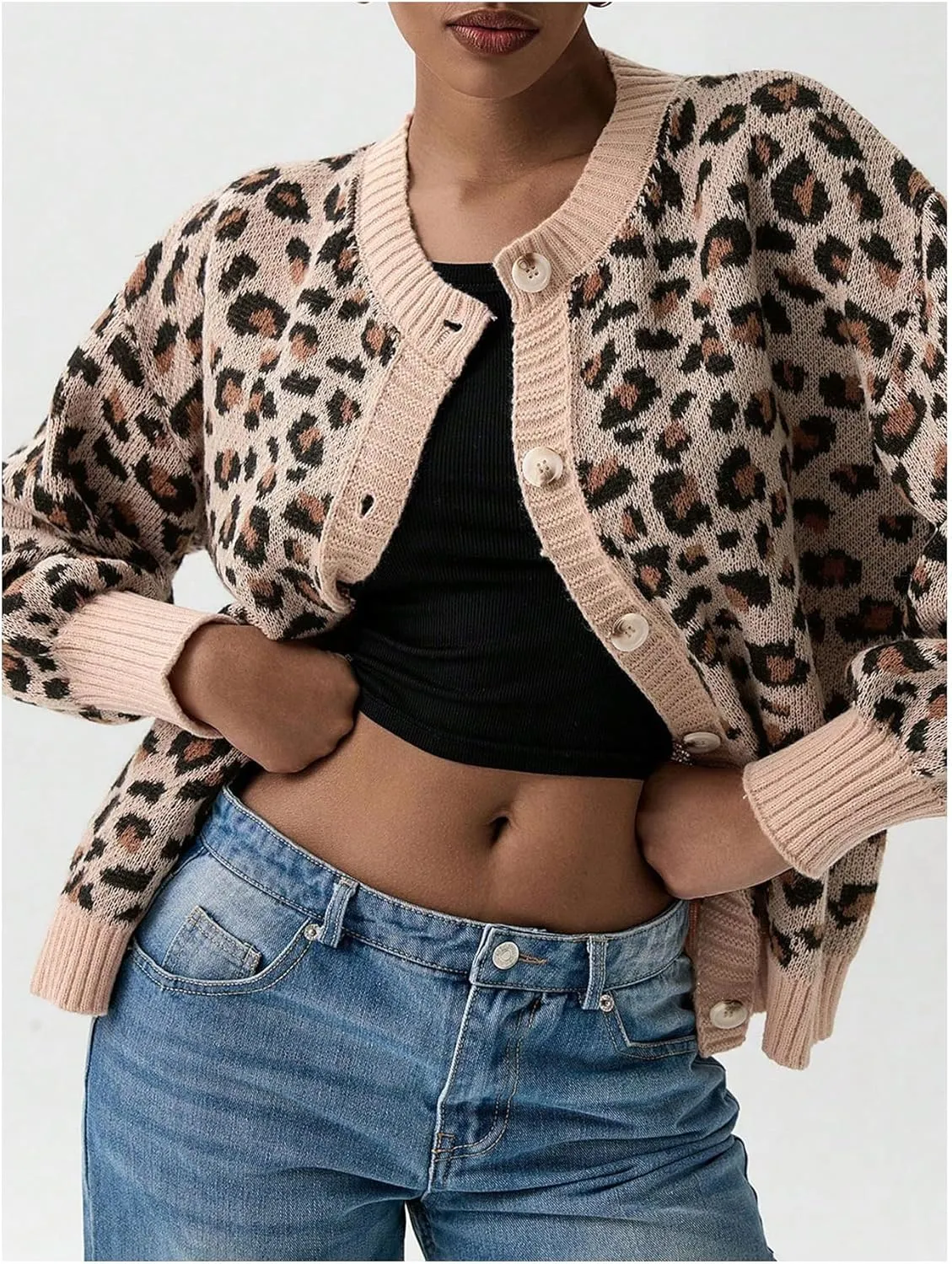 Women's Leopard Print Cardigan Button Front Cardigan Sweaters Crew Neck Drop Shoulder Long Sleeve Knit Tops