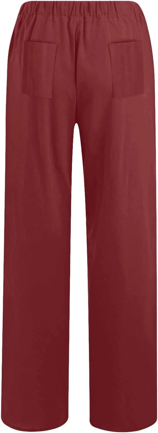 Women's Linen Palazzo Pants Plus Size Elastic High Waist Casual Beach Pant Flowy Summer Trendy Lightweight Trousers
