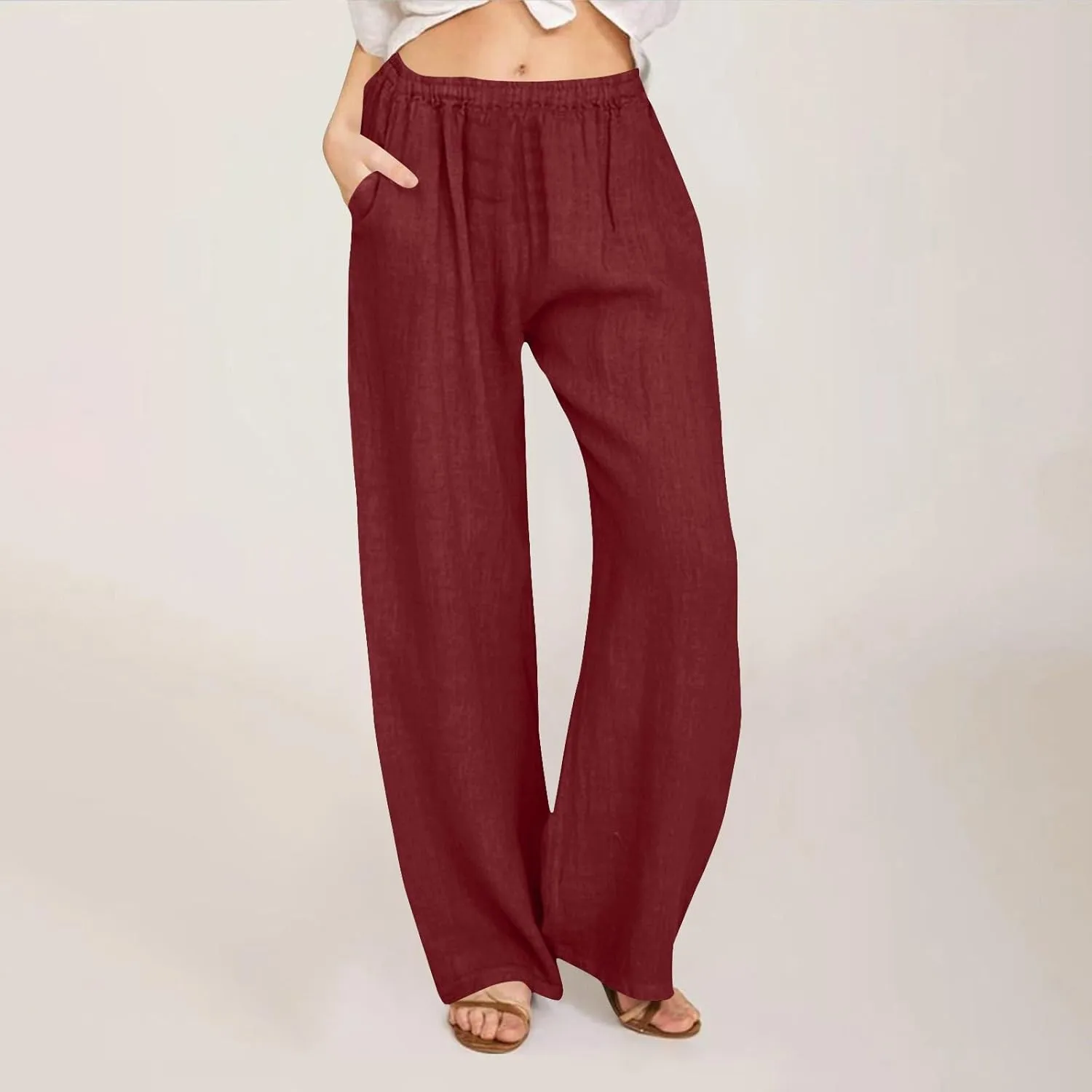 Women's Linen Palazzo Pants Plus Size Elastic High Waist Casual Beach Pant Flowy Summer Trendy Lightweight Trousers