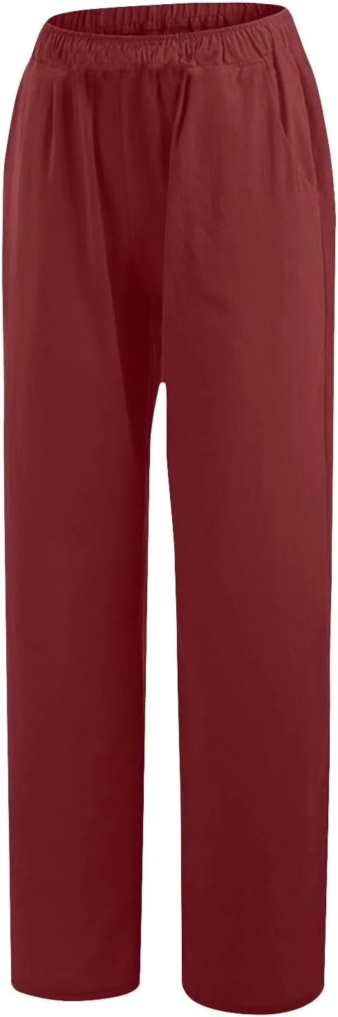 Women's Linen Palazzo Pants Plus Size Elastic High Waist Casual Beach Pant Flowy Summer Trendy Lightweight Trousers