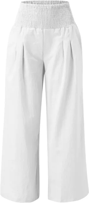 Women's Linen Palazzo Pants Summer Casual Vacation High Waist Wide Leg Trousers Trendy Long Pant with Pockets