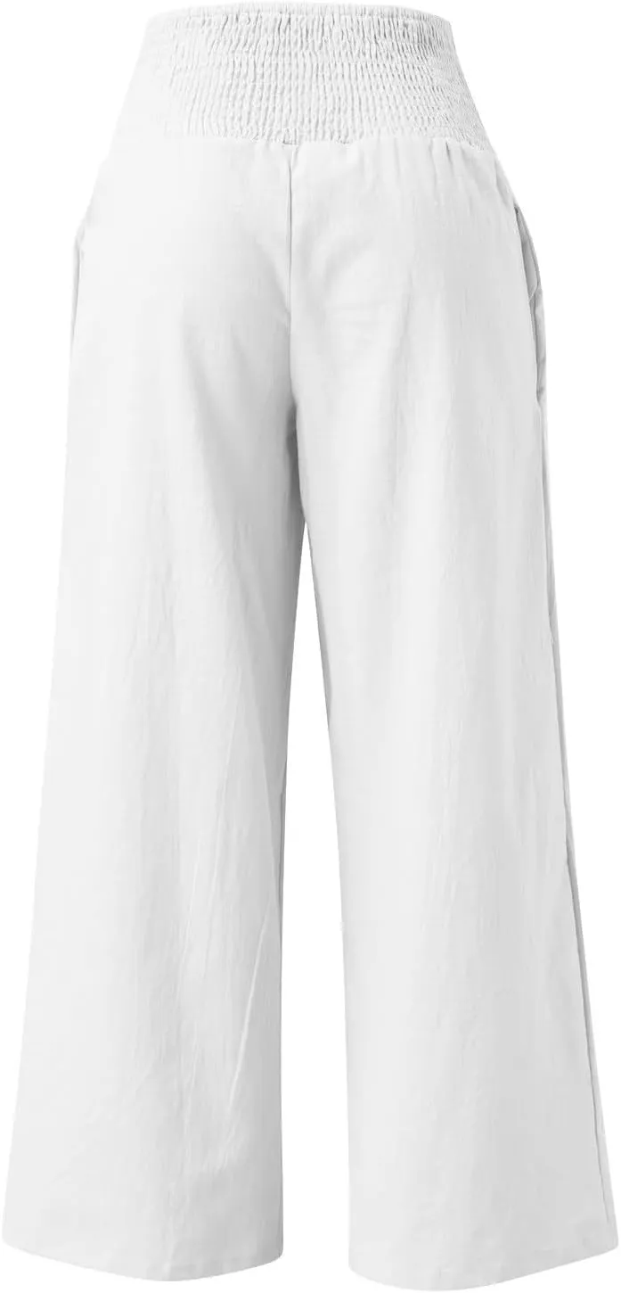 Women's Linen Palazzo Pants Summer Casual Vacation High Waist Wide Leg Trousers Trendy Long Pant with Pockets