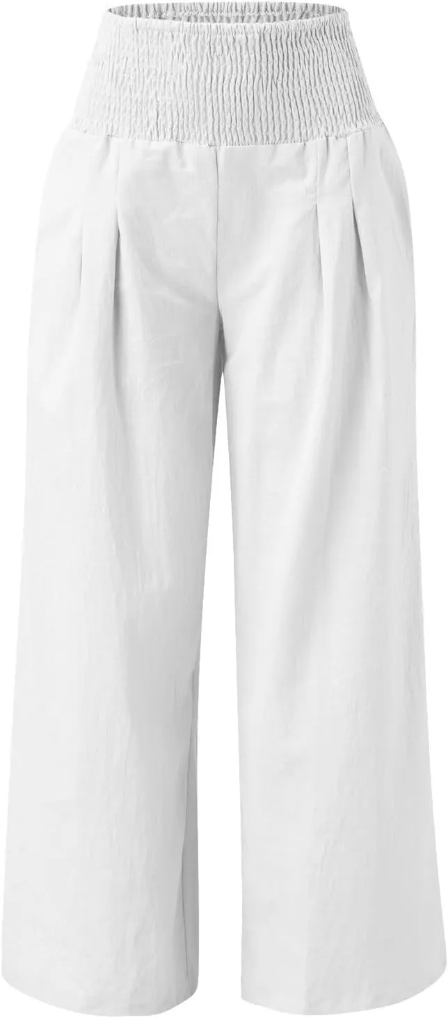 Women's Linen Palazzo Pants Summer Casual Vacation High Waist Wide Leg Trousers Trendy Long Pant with Pockets
