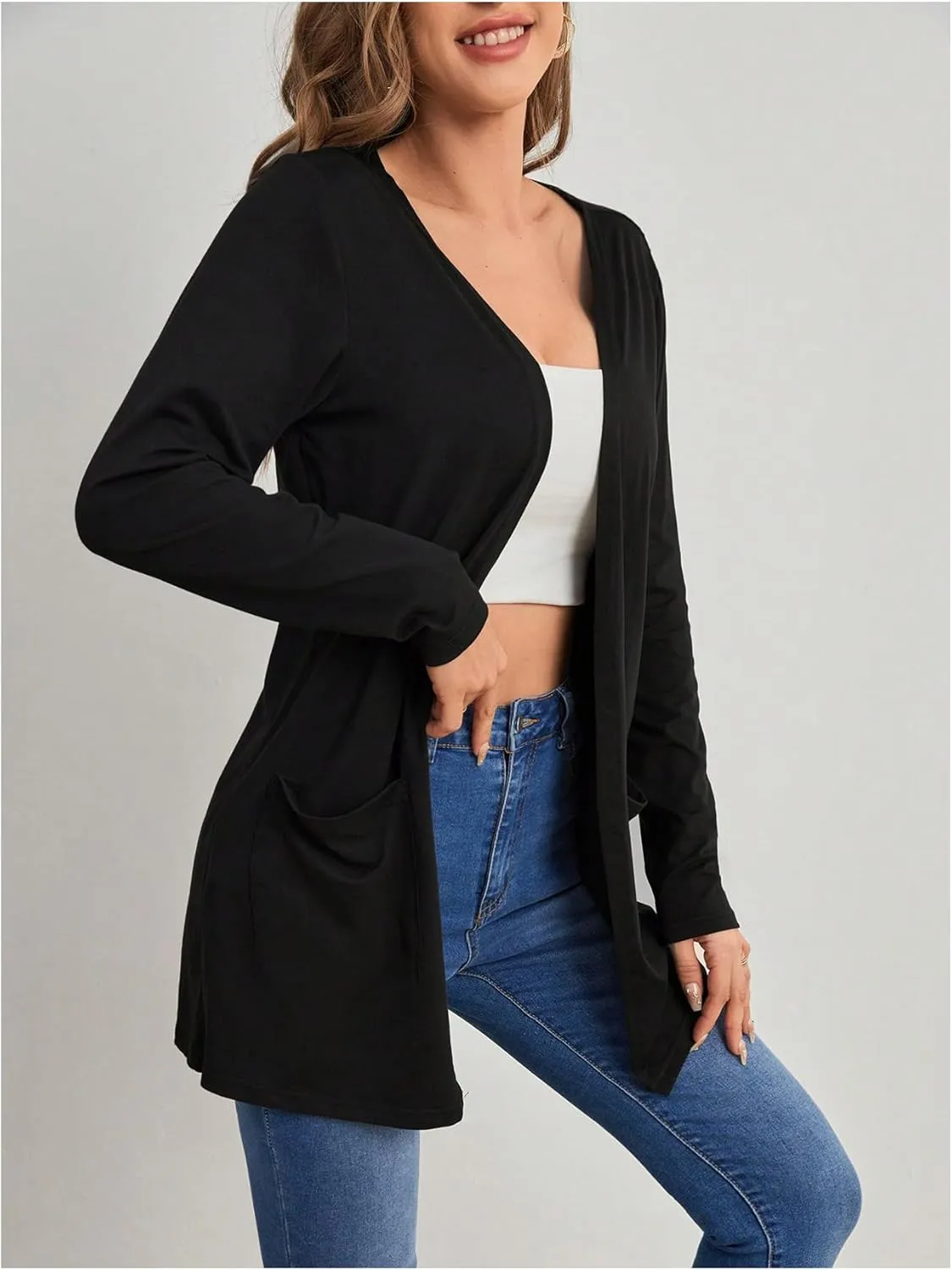 Women's Long Sleeve Basic Open Front Cardigan Casual Fall Jackets Outerwear with Pockets